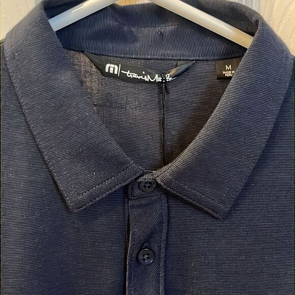 Travis Matthew Navy Blue Tiny Striped Short Sleeve Polo with Side Slits- Medium - Picture 6 of 16